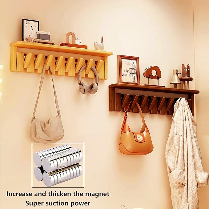 Wall Mounted Piano Key Hanger | Flip Style Hook | Entrance Wall Art Hook, Made of Oak Wood (3 Times Painted, 4 Times Polished) (Tray Walnut-Beech, 6Hooks)