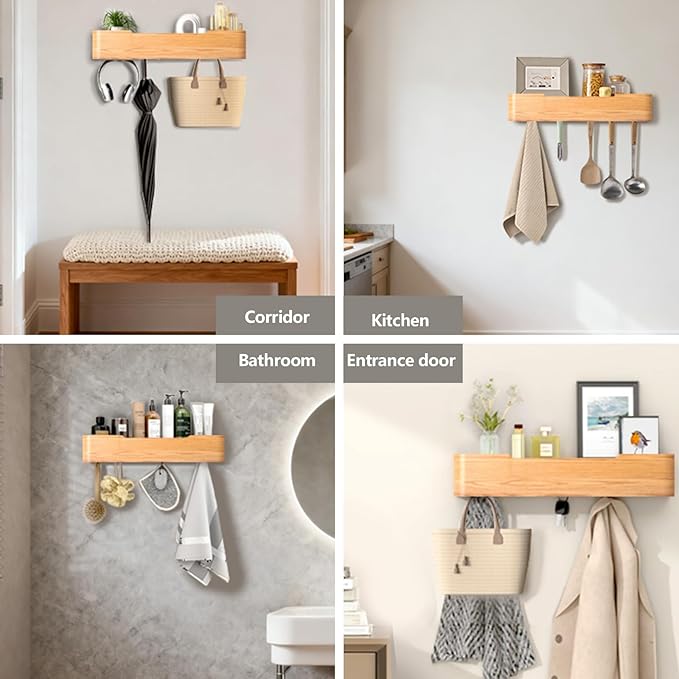 Coat Rack Wall Mount Entryway Organizer Modern Key Holder Wall Mount with Wooden Shelf Entryway Hooks for Bedroom Kitchen Hallway Bathroom for Hanging Coats Hats Dog Leashes Bags Towels (Oak, 5 Hooks)