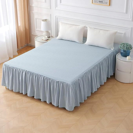 Silnuo Blue/White Plaid Bed Skirt Washed Cotton Shabby Gingham Checkered Dust Ruffle King Size 14" Bedding(1 Bed Skirt Only)