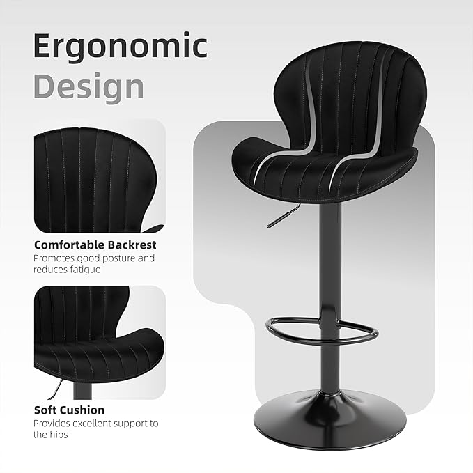 Youhauchair Modern Bar Stools Set of 2, Velvet Height Adjustable Swivel Barstools, Armless Kitchen Island Counter Chairs with Back & Footrest, Black