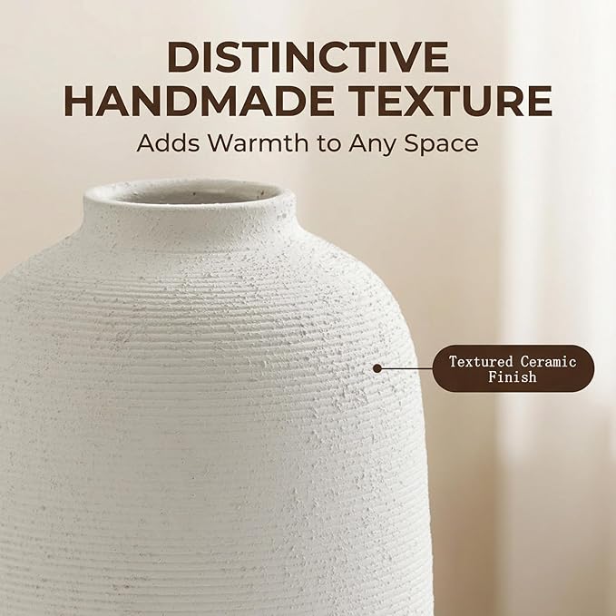 White Ceramic Vase, Textured Rustic Farmhouse Decorative Vase for Centerpieces, 10.8" Off-White Large Flower Vase for Home Decor