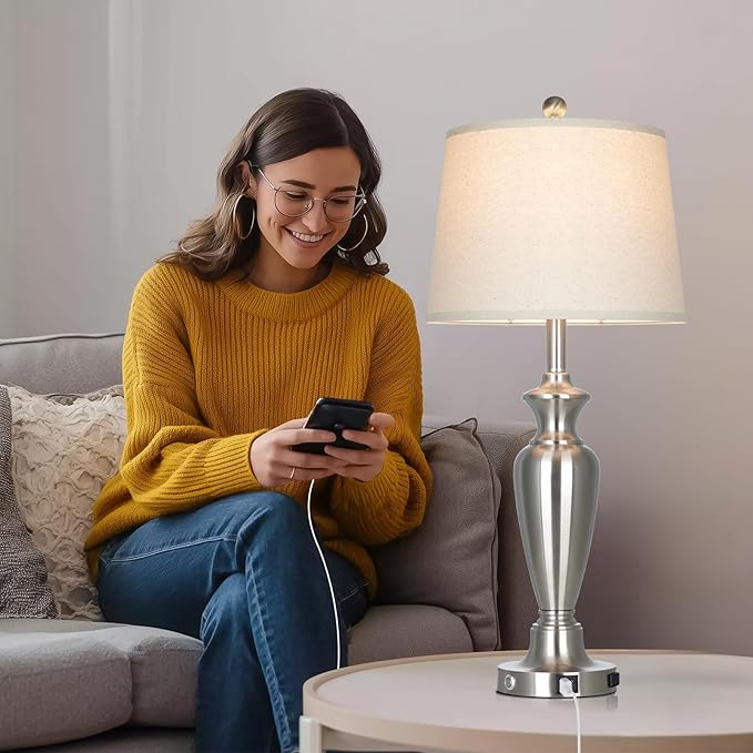 Silver Table Lamp for Living Room Single, 30″ Tall Touch Control Bedside Lamp for Nightstand, 3-Way Dimmable Bedroom Lamp with USB A+C Ports and AC Outlet (1 Pack)