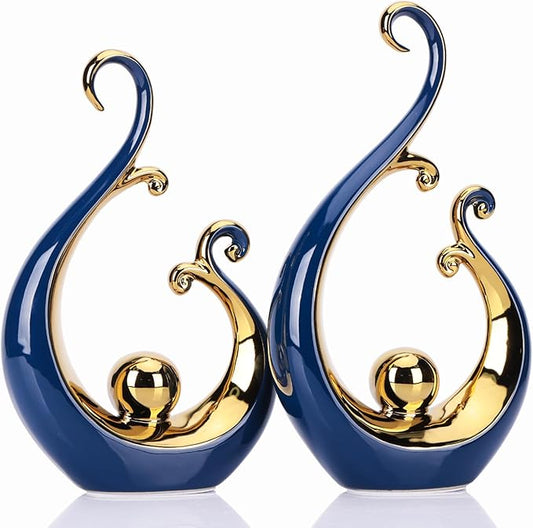 DOVDOV Ceramic Abstract Statues 2 Piece Set, Modern Art Deco, Blue and Gold Home Decor, Office Decor, Shelf Decor, Floor Mantle Decor, Coffee Table Decor Aesthetics.