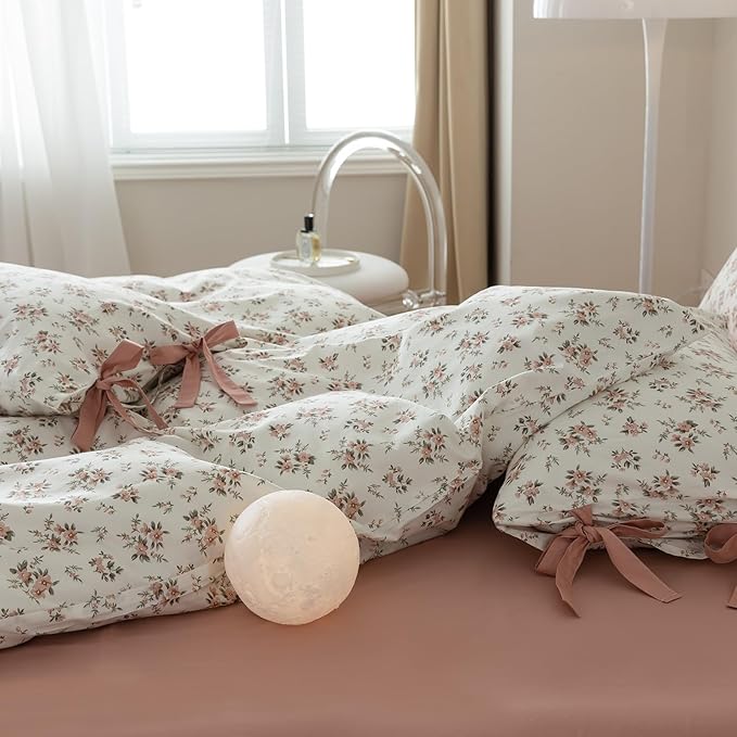 Pink Flower Duvet Cover Set Twin Soft Cotton Peach Floral Comforter Cover Girls Cottagecore Bedding Set Boho Floral Duvet Cover Vintage Country Bedding Flower Botanical Duvet Cover with Zipper Closure