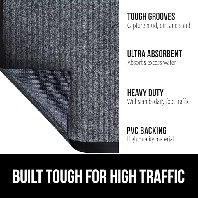 GORILLA GRIP Waterproof Traffic Guard Door Mat, 70x24, Heavy Duty Entryway Mats, Strong Backing Commercial Rugs for Office Hallway, Garage Floor and Home, Low Profile Carpet Runner, Charcoal Gray