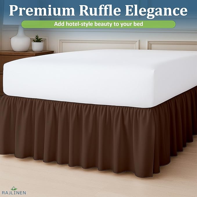 Rajlinen Ruffled Bed Skirt Full, 14 Inch Drop Dust Ruffle with Split Corners, 100% Microfiber Bedskirt with Platform, Three-Sided Coverage Ruffled Gathering Design, Chocolate