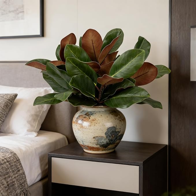 4PCS 17.7 Inch Magnolia Artificial Leaves Branches 3D Real Touch 28 Leaves Bulk Faux Magnolia Stems for Indoor Outdoor Vase Filling Home Wedding Floral Arrangement Decoration