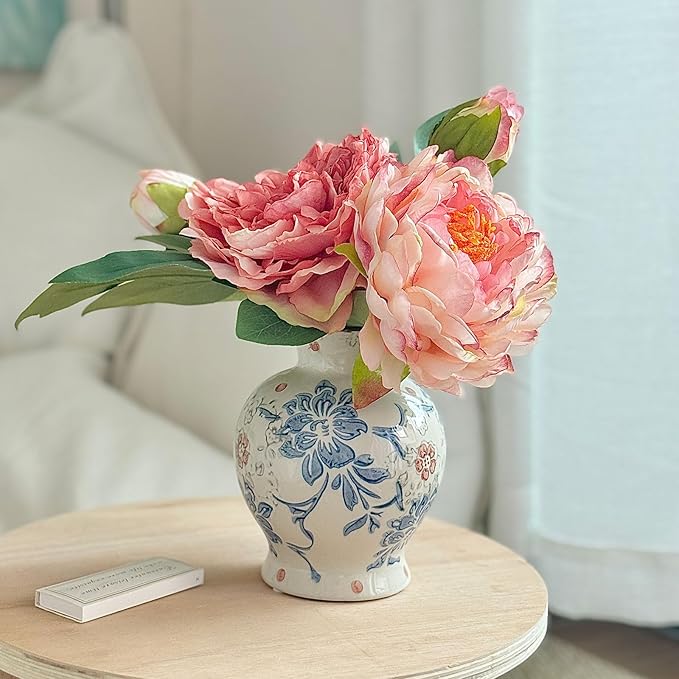 Vintage Blue and White Ceramic Vase, Classic Decorative Porcelain Flower Vase for Centerpiece Living Room Table Shelf, Chinoiserie Country Decor