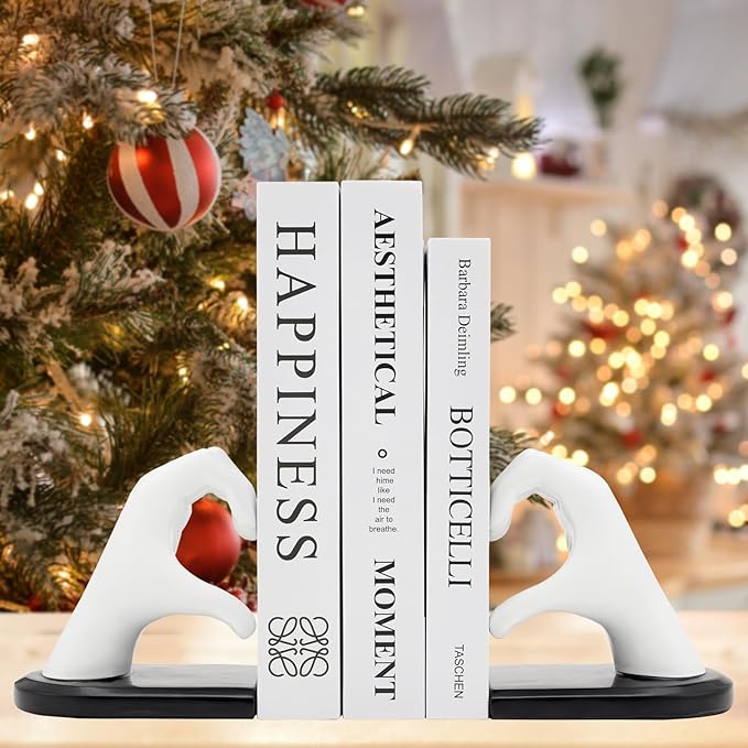 White Bookends, Heavy Duty Bookend Holder Decor, Finger Heart Shaped, Modern Art Sculpture, Bookends Decorative, Boho Decor for Desktop Bedroom Study Room(White)