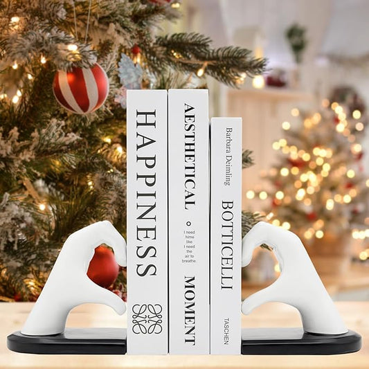 White Bookends, Heavy Duty Bookend Holder Decor, Finger Heart Shaped, Modern Art Sculpture, Bookends Decorative, Boho Decor for Desktop Bedroom Study Room(White)