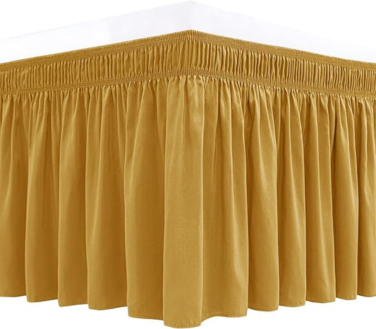 Biscaynebay Wrap Around Bed Skirts for Full & Full XL Beds 17" Long Drop, Gold Adjustable Elastic Dust Ruffles Easy Fit Wrinkle Resistant Silky Luxurious Fabric Machine Washable