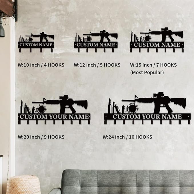Personalized Custom Name Gun Wall Hooks,Metal Gun Room Art Clothes Hooks,Metal Gun Wall Home Storage Decorative,For Front Door, Hallway, Kitchen, Bedroom,Keys,Hats (Style C)