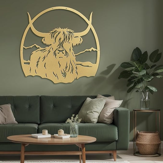 SIGNLEADER Metal Wall Art DecorHighland Cow with Mountain Minimalist Modern Abstract Wall Sculpture Hangings Home Decoration for Living Room, Bedroom, Bathroom, Kitchen, Outdoor - 18" Gold