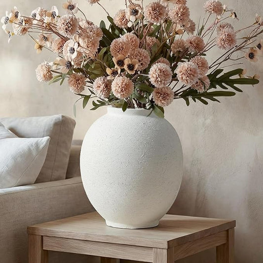 Large White Ceramic Vase, 9.8 inch Round Minimalist Textured Vase, Rustic Farmhouse Decor for Home, Living Room, Shelf, Table, Wedding & Entryway Decoration (Sandstone White)