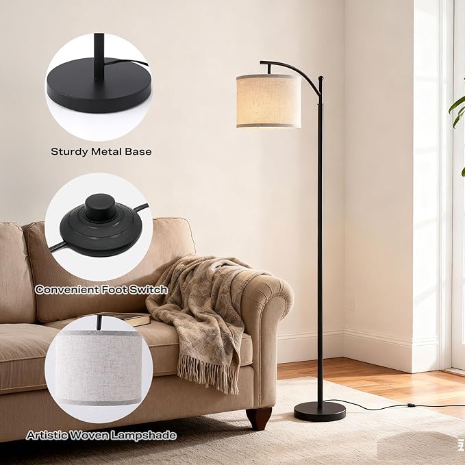 YJSQOEOE Arc Floor Lamp with 3 Color Temperatures, 9W LED Remote-Controlled Light, Tall lamp with Foot Switch and Timer Function, Modern Standing Lamp for Living Room, Bedroom, Office Reading, Black