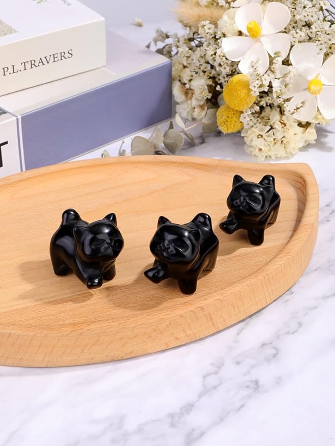 Jovivi Natural Black Obsidian Crystal Cat Statue Home Decor Carved Gemstone Cat Figurines Collectibles Pocket Sculpture Pet Memorial Decorative Ornament Gift for Cat Lovers