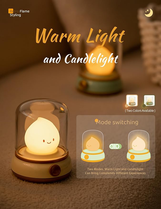 Cute Chibi Flame Lamp, Anime Cozy Lights, Retro Rechargeable Night Light, Decor, Cute Desk Accessories, Gifts 2 Pack (Yellow and Green)