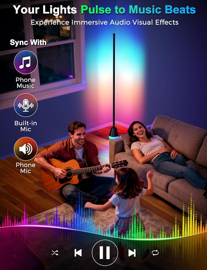 Alfolive RGB Floor Lamp, Smart LED Corner Lamp for Living Room Bedroom, 16 Million DIY Colors Standing Lamp with Music Sync App & Remote Control, Cool Modern Mood Light Ambient Lighting, Black