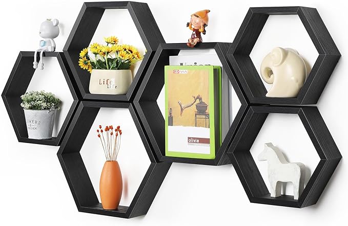 YBING Hexagon Floating Shelves Black Hexagonal Shelves Set of 6 Wood Honeycomb Shelves for Farmhouse MDF Hexagon Wall Decor Storage Shelves for Bedroom Office Living Room