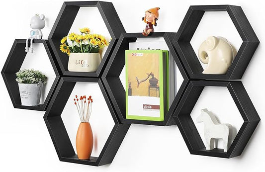 YBING Hexagon Floating Shelves Black Hexagonal Shelves Set of 6 Wood Honeycomb Shelves for Farmhouse MDF Hexagon Wall Decor Storage Shelves for Bedroom Office Living Room