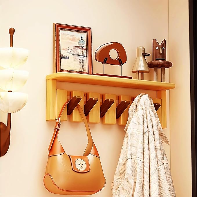 Wall Mounted Piano Key Hanger | Flip Style Hook | Entrance Wall Art Hook, Made of Oak Wood (3 Times Painted, 4 Times Polished) (Tray Walnut-Beech, 6Hooks)