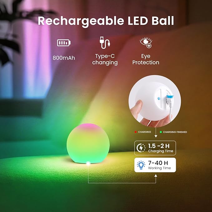 LOFTEK LED Ball Light, Multi-Color Rechargeable Night Lights, 3-inch RGB Ball Mood Lighting, Waterproof Ambient Lighting Lamp for Home Bedroom Patio Pool Decorative Lighting, Xmas Gift, 4 Pack