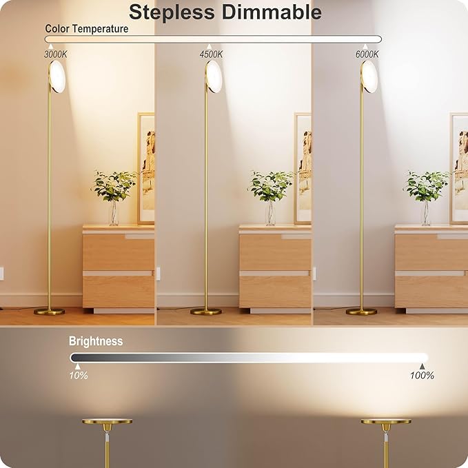 Nukanu Dimmable Floor Lamp with Remote，Floor Lamps for Living Room Bedroom Office，Adjustable Brightness (10%-100%) and Color Temperature (3000k- 6000k)，Standing Lamp Tall Lamp with Foot Switch (Gold)