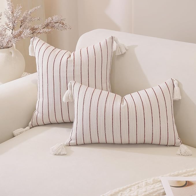 QDTTSRY Decorative Boho Throw Pillow Covers 18x18 Inch Set of 2, Textured Linen Striped Pillow Covers with Tassels, Soft & Cozy Farmhouse Decorative Pillow Cases for Sofa Couch Bed Living Room