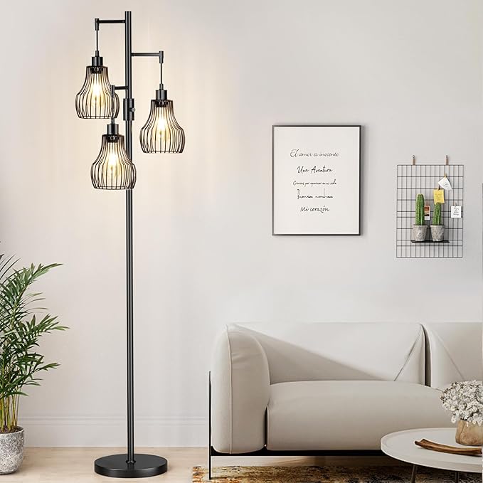 Ziisee Dimmable Floor Lamp, 3 x 800LM LED Edison Bulbs Included, Farmhouse Industrial Floor Lamp Standing Tree Lamp with Elegant Cage Tall Lamps for Living Room Bedroom Office - Black