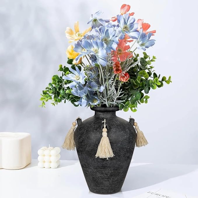 Large Decorative Ceramic Vase with Tassels, 9.4" Black Vintage Flower Vase with Handles, Textured Rustic Farmhouse Vases for Home Decor, Table Centerpiece, Living Room, Entryway, Wedding, Party Decor