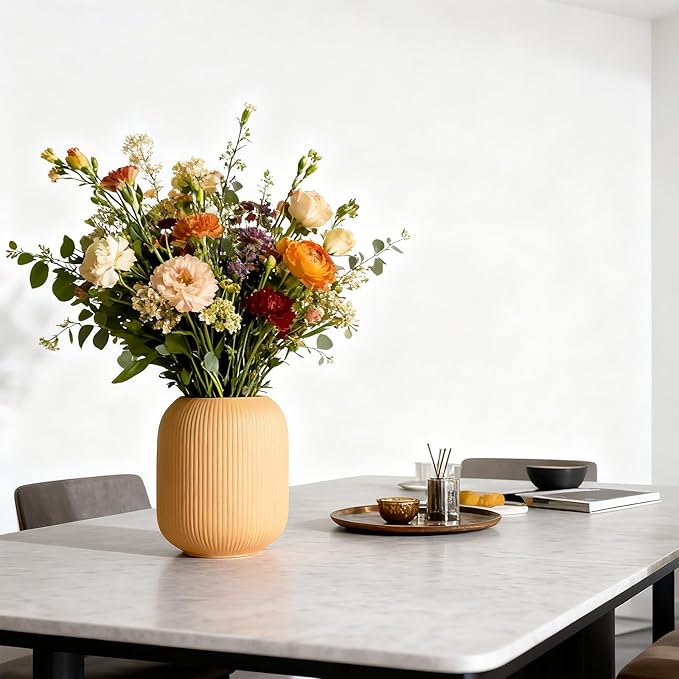 Ceramic Boho Vase Set of 3, Modern Colorful Ceramic Vases with Ribbed Texture, Minimalist Home Decor for Table Centerpiece, Kitchen, Living Room, Table Shelf, Office Decor