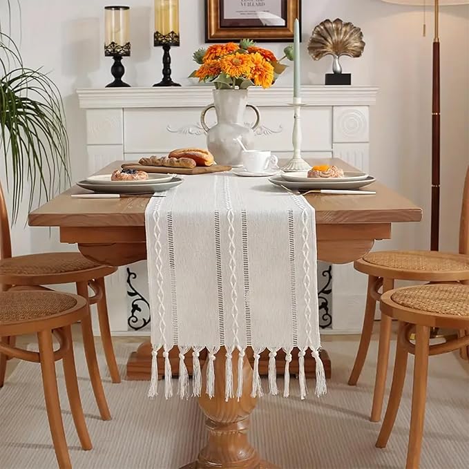 Niviy Ivory White Rustic Linen Table Runner 72 Inches Long with Tassels, Embroidered Table Runner Farmhouse for Party, Dresser Decor and Dining Room Decorations (White, 12"×72")