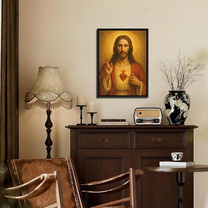 Framed Sacred Heart of Jesus Canvas Wall Art Divine Mercy Wall Decor Jesus Portrait Painting Christian Religious Artwork Catholic Poster Prints for Bedroom Living Room Prayer Room Church 12x16in