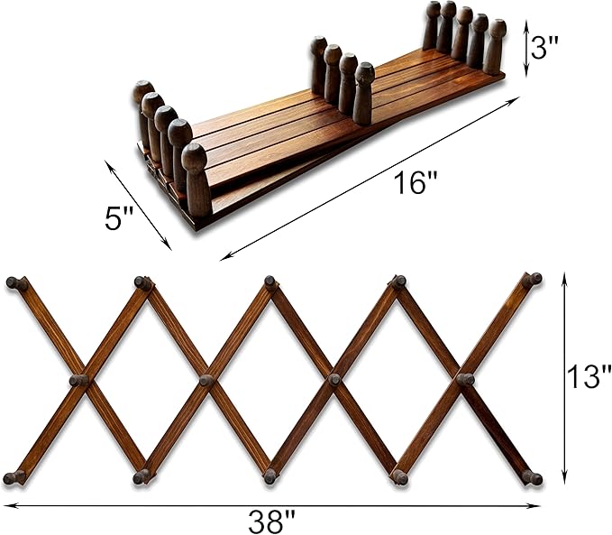 Expandable Wooden Coat Rack Hanger - Large Accordion Hanger with Expanding Pegs | Hand Made Rustic Wooden Hat Rack for Wall | Hang Coat, Jacket, Hat | Wall Rack – 14 Hook, Jacobean