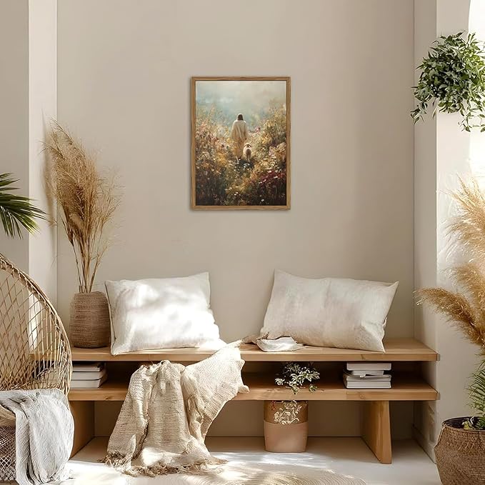 Jesus Leaves the 99 Sheep Wall Art, Jesus and Lamb Canvas Pictures, Lost Lamb Wall Decor Paintings Christian Bible Posters Prints Artwork for Living Room Prayer Room Bedroom 12x16 Inch Wood Framed