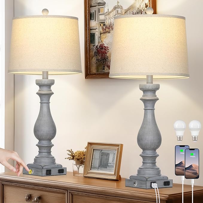 29" Tall Farmhouse Table Lamp for Living Room Set of 2,Vintage Retro Nightstand Lamps with USB C+A Ports & AC Outlet,3-Way Dimmable Touch Bedside Lamp for Bedroom Side Table,Light Grey