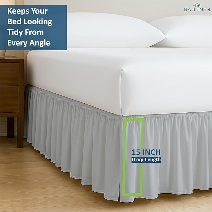 Rajlinen Ruffled Bed Skirt Full, 15 Inch Drop Dust Ruffle with Split Corners, 100% Microfiber Bedskirt with Platform, Three-Sided Coverage Ruffled Gathering Design, Light Grey