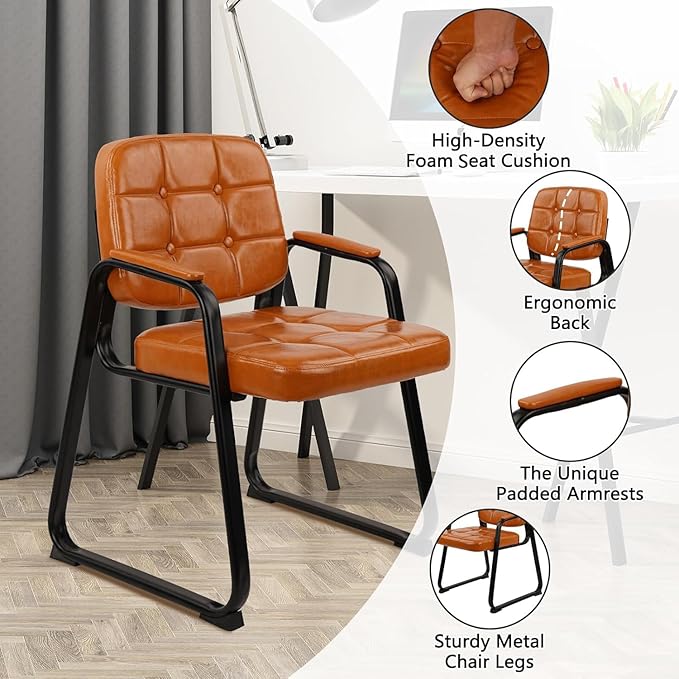CLATINA Office Guest Chair, Leather Reception Chairs with Padded Arms, Desk Chair No Wheels Stationary for Conference Lobby Waiting Room Training Side Elderly, Orange