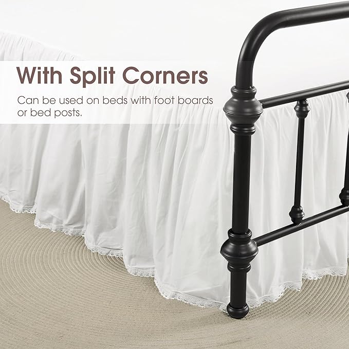 Vlocemon - Queen Size 18" Drop - White Lightweight Cotton Bed Skirt with Crochet Edge - Dust Ruffle Whth Split Corner - Soft, Elegant, Breathable Bedding Accessory