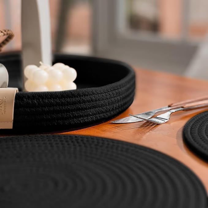 Art PineCone's Woven Cotton Rope Round Placemats Set of 4 with Holder Included, Non-Slip, and Heat Resistant Shabby Chic Placemats (Black, 13 inch)