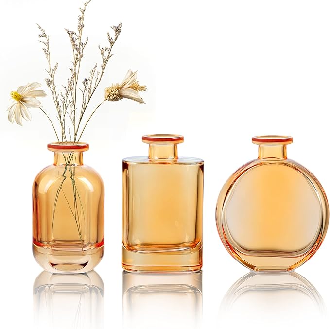 Joeyan Amber Glass Bud Vase Set of 3 - Decorative Rustic Flower Vase - Small Bottle Vase Centerpieces for Wedding, Home, Office, Table Décor