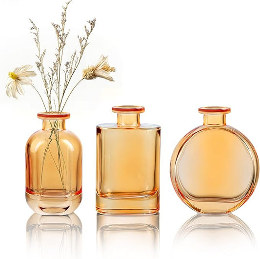 Joeyan Amber Glass Bud Vase Set of 3 - Decorative Rustic Flower Vase - Small Bottle Vase Centerpieces for Wedding, Home, Office, Table Décor