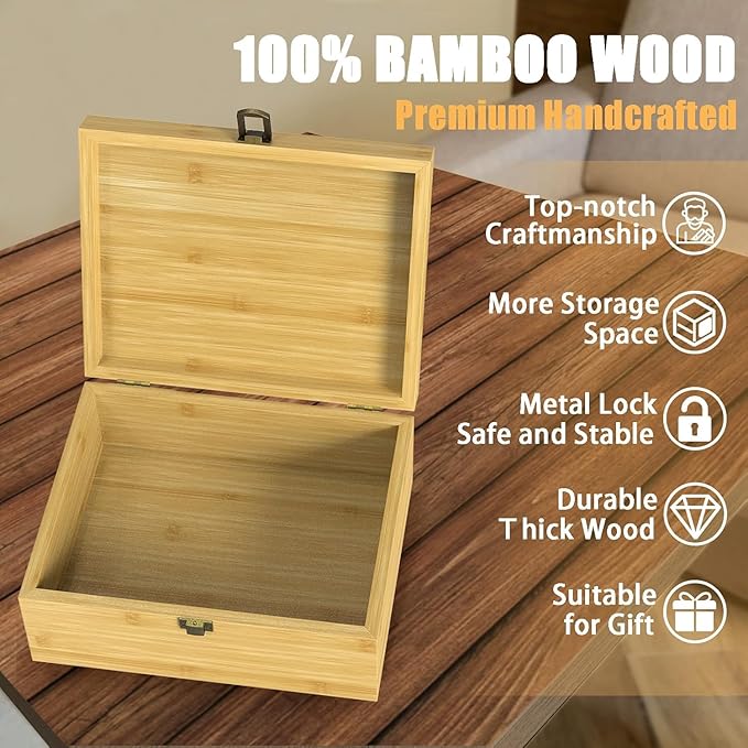 Wooden Keepsake Memory Box for Precious Items, Decorative Bamboo Boxes with Hinged Lid and Latch for Memories of Relatives, Anniversary, Wedding