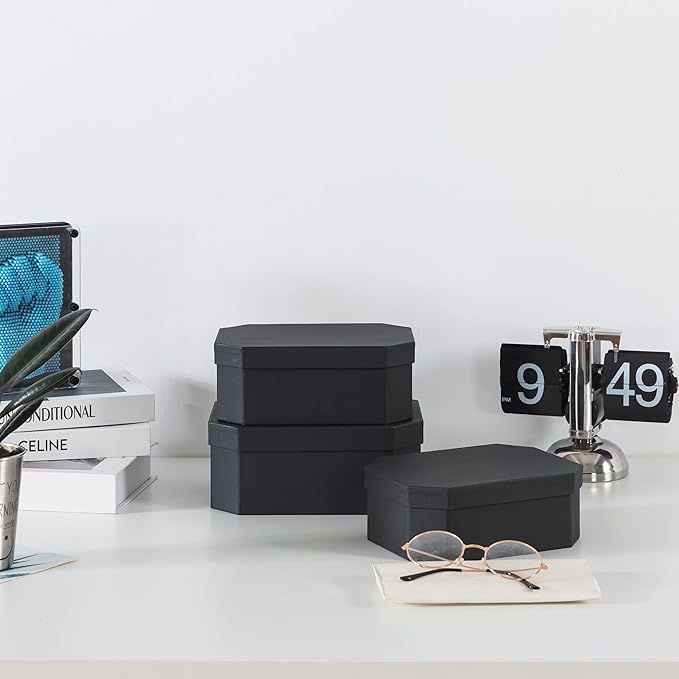 Soul & Lane Octagon Textured Decorative Boxes in Black - Set of 3: Unique Nesting Gift Set, Durable Cardboard Storage for Organizing, Memory Boxes for Keepsakes