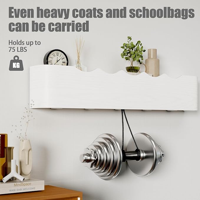 Coat Rack Wall Mount with Shelf 5 Hidden Hooks Modern Wooden Key Holder Entryway Organizer for Hallway Bedroom Bathroom Home Decor Storage for Hanging Coats Hats Bags Towels, Wave-Shape White