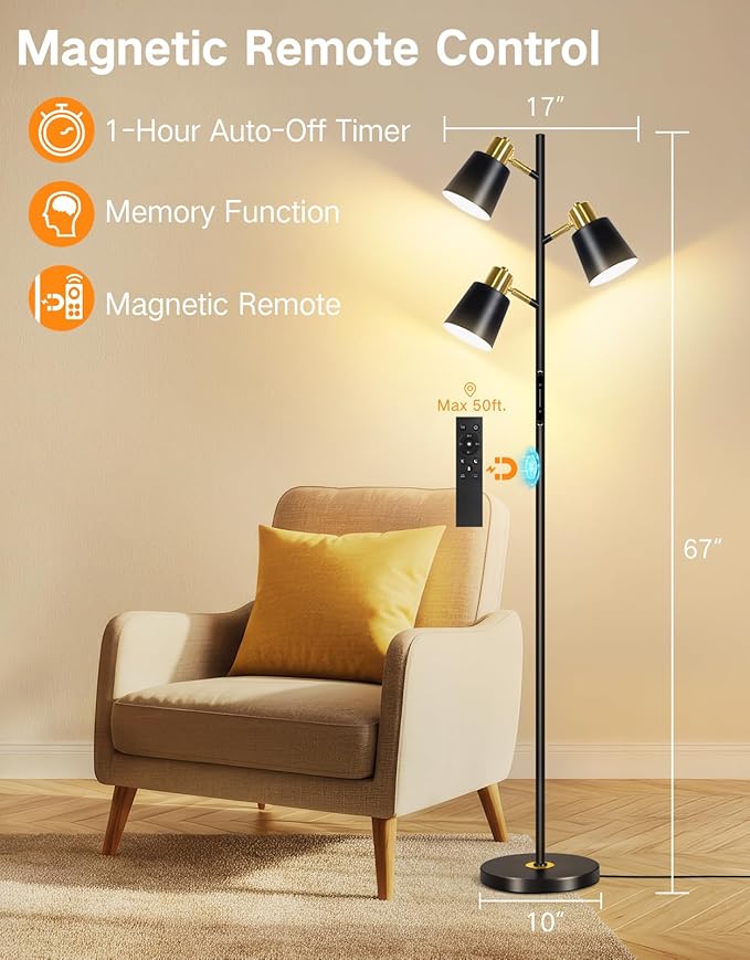 OUTON LED Tree Floor Lamp, Modern Dimmable Standing Lamp with Remote & Touch Control, 4 Color Temperatures, 3 Rotatable Lights Floor Lamps for Living Room, Bedroom, Office, Black & Gold