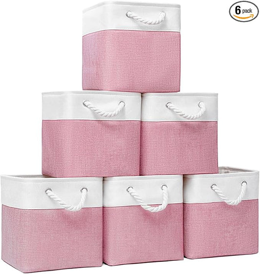 Fabric Storage Cubes, 11 inch cube storage bin with Handles, 11x11cube storage organizer bins, Collapsible Storage Bins for Shelves and Home, Cubby Storage Bins (White-Pink, 10.5x10.5x11in)