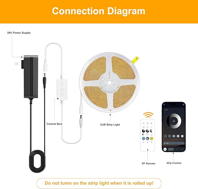 COB LED Strip Lights Warm White,24V Dimmable led Light Strip KIT with Remote and app Control,3000K 25FT/7.5m 8mm Wide Ra>90 Cuttable Flexible Strip Lights for Bedroom,Wardrobe,Cabinet