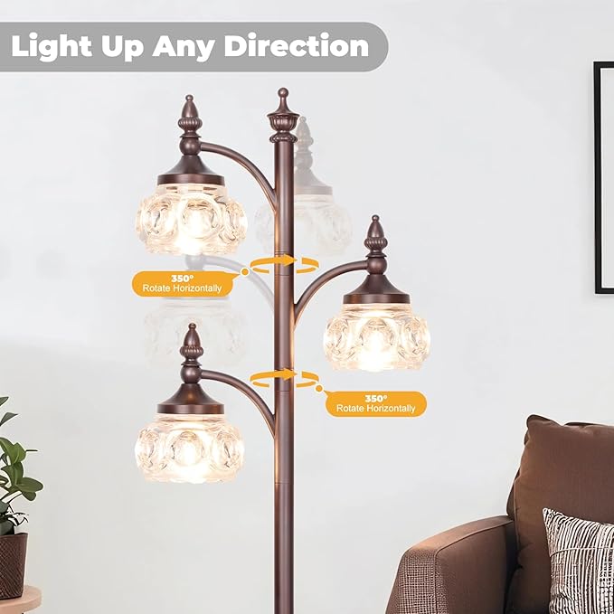 JUNNAI Brown Glass Floor Lamps for Living Room 66.5'' Standing Lamp with 3 Brightness Lights Vintage Mid Century Modern Pole Bronze Tree Lamp for Bedroom Office(3LED Bulbs Included)