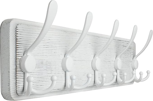 WEBI Coat Rack Wall Mount,5 Triple Hooks for Hanging Coats,16" Hole to Hole,Coat Hooks Wall Mounted,Coat Hanger Wall Hook Rack Rail for Clothes,Jacket,Farmhouse,White